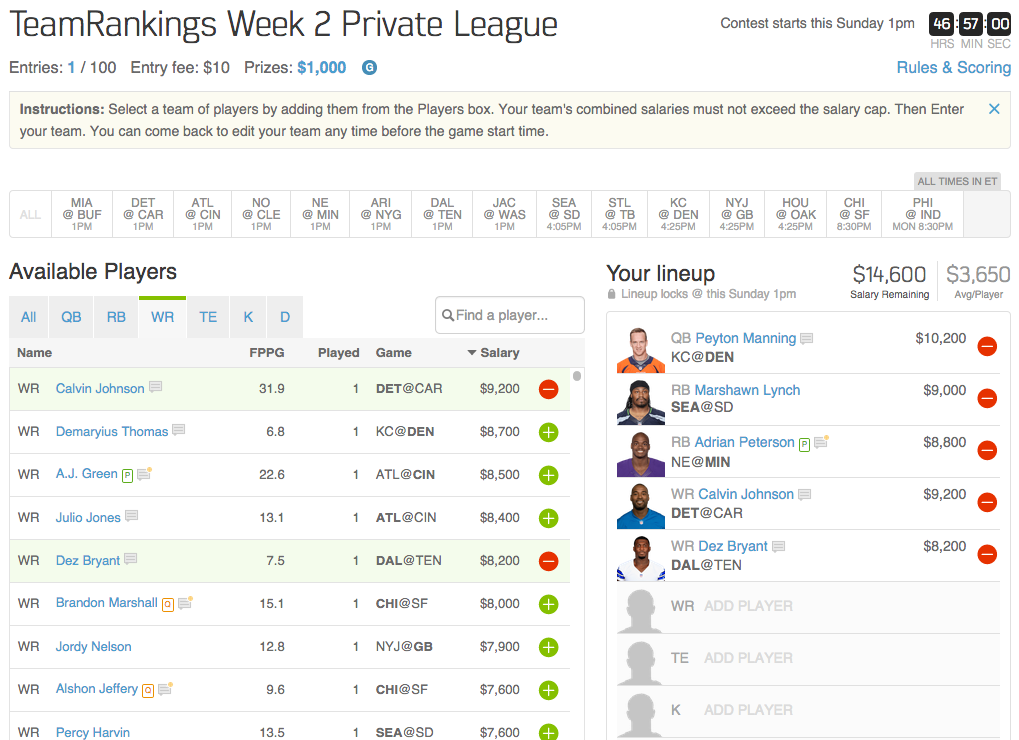 TeamRankings One Day NFL Contest For Week 2
