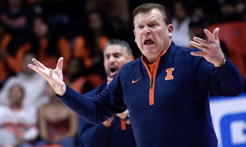 Illinois Fighting Illini Head Coach Brad Underwood reacts during the college basketball game between the Oakland Grizzlies and the Illinois Fighting Illini on November 13, 2024, at State Farm Center in Champaign, Illinois.