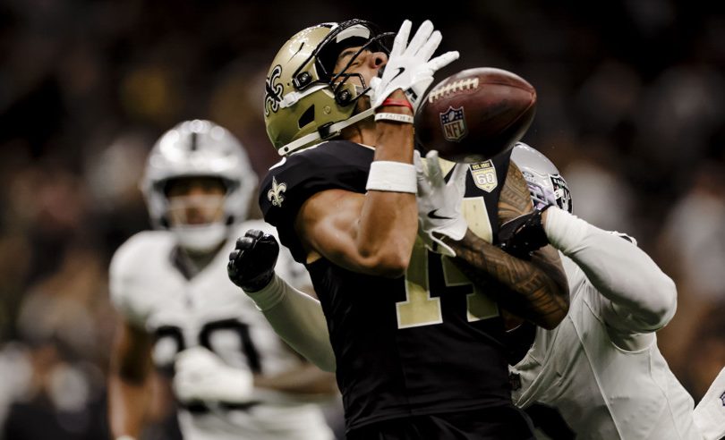 NEW ORLEANS, LA - SEPTEMBER 27: Taron Johnson #3 of the Las Vegas Raiders breaks up a pass to Devaughn Vele #14 of the New Orleans Saints during the second half of an NFL game on September 27. 2026, at Caesars Superdome in New Orleans, Louisiana. (Photo by Derick Hingle/Icon Sportswire)