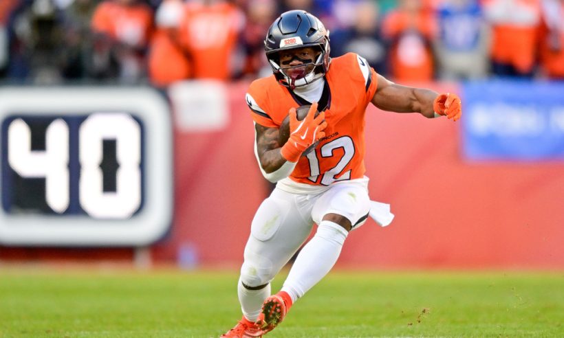 Denver Broncos running back RJ Harvey (12) runs after a catch in the second quarter in the AFC Divisional Round game against the Buffalo Bills at Empower Field at Mile High on January 17, 2026 in Denver, Colorado.