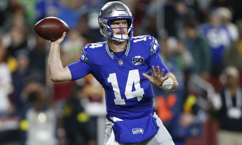 Seattle Seahawks quarterback Sam Darnold (14) throws a pass from the pocket during the Seattle Seahawks game versus the Washington Commanders at Northwest Stadium on November 02, 2025, in Landover, MD.