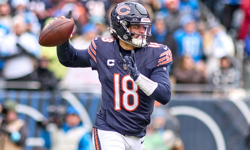 Chicago Bears quarterback Caleb Williams (18) throws the football in action during a game between the Detroit Lions and the Chicago Bears on December 22, 2024 at Soldier Field in Chicago, IL.