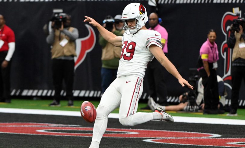 HOUSTON, TX - DECEMBER 14: Arizona Cardinals punter Matt Haack kisks during game featuring the Arizona Cardinals and the Houston Texans on December 14, 2025 at NRG Stadium in Houston, TX. (Photo by John Rivera/Icon Sportswire)