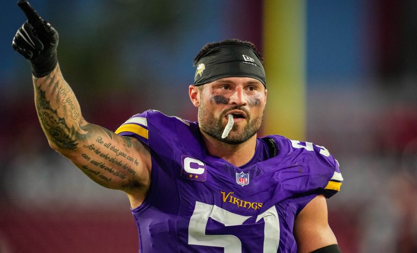 TAMPA, FL - SEPTEMBER 27: Minnesota Vikings linebacker Blake Cashman (51) points upward after a game between the Tampa Bay Buccaneers and the Minnesota Vikings, Sunday, September 27, 2026 at Raymond James Stadium in Tampa, Florida (Photo by Ricky Bowden/Icon Sportswire)