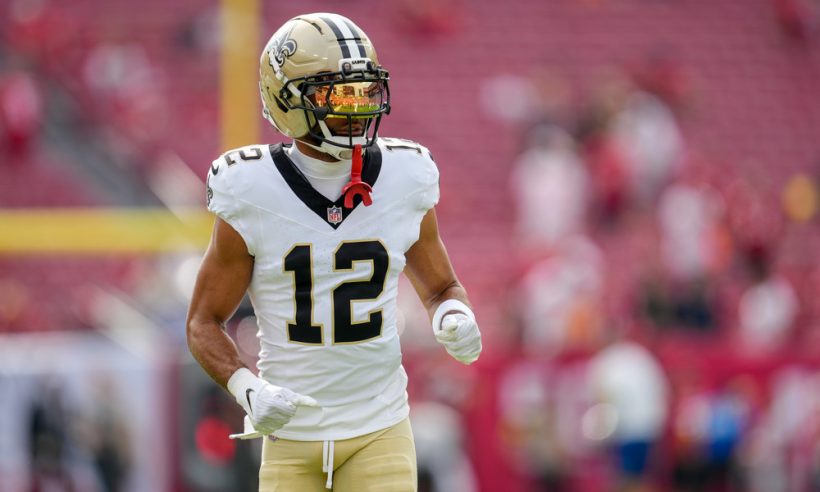 Chris Olave (12) of the New Orleans Saints looks on before a game between the New Orleans Saints and the Tampa Bay Buccaneers, December 7, 2025 at Raymond James Stadium in Tampa, Florida