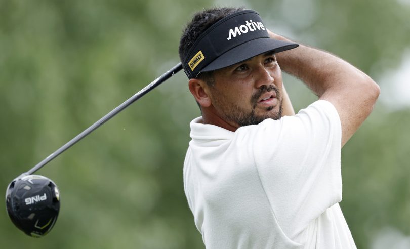 CHARLOTTE, NC - MAY 16: Jason Day (AUS) plays his tee shot at the 18th hole during the second round of the PGA Championship on May 16, 2025 at Quail Hollow Country Club in Charlotte, North Carolina. (Photo by Joe Robbins/Icon Sportswire)