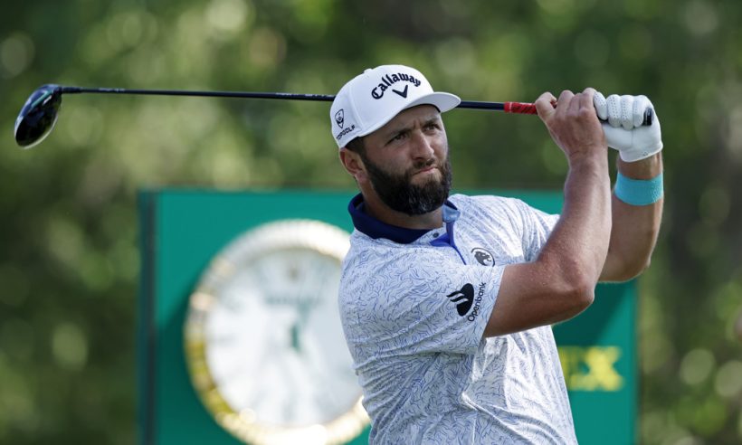 Jon Rahm (ESP) plays his tee shot at the 18th hole during the third round of the PGA Championship at Quail Hollow Country Club on May 17, 2025 in Charlotte, North Carolina.