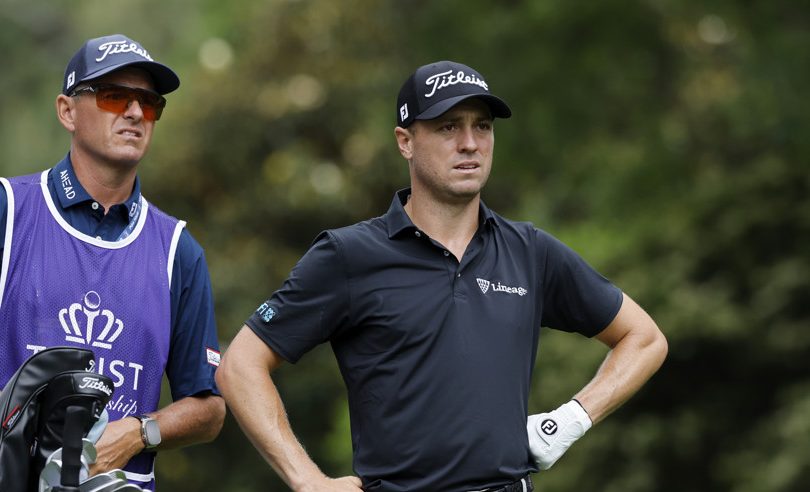 CHARLOTTE, NC - MAY 09: Justin Thomas of United States of America and caddie Matt Minister look on at the sixth hole during the third round of the Truist Championship 2026 at Quail Hollow Country Club on May 09, 2026 in Charlotte, North Carolina. (Photo by Joe Robbins/Icon Sportswire)