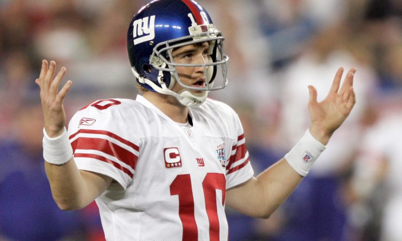 2/3/08 Super Bowl XLII - New York Giants Vs. New England Patriots at The University of Phoenix Stadium in Arizona. Giants quarterback Eli Manningreacts to a referees call during the second quater.