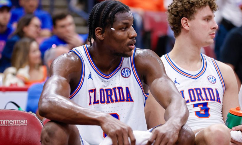 Florida Center Rueben Chinyelu (9) looks on during the Orange Bowl Basketball Classic game between George Washington and Florida on December 13, 2025, at Amerant Bank Arena in Sunrise,FL.