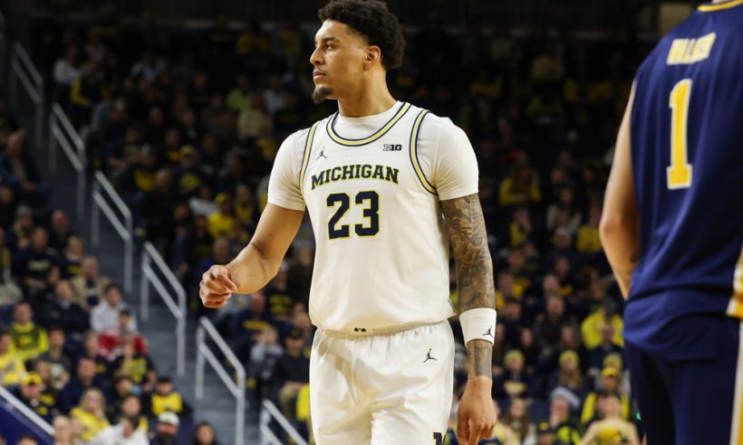 ANN ARBOR, MI - DECEMBER 21: Michigan Wolverines forward Yaxel Lendeborg (23) looks on during the second half of a regular season non-conference college basketball game between the La Salle Explorers and the Michigan Wolverines on December 21, 2025 at Crisler Center in Ann Arbor, Michigan.