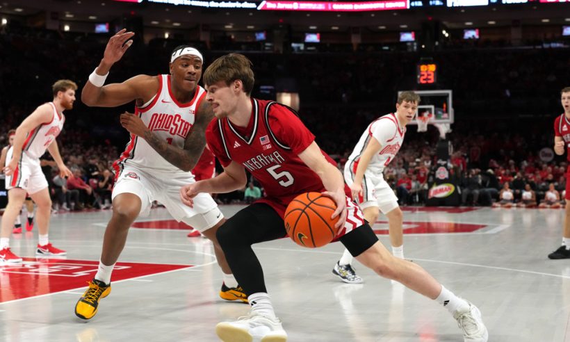 Nebraska Cornhuskers forward Braden Frager (5) drives to the basket against Ohio State Buckeyes forward Amare Bynum (1) during the game between the Ohio State Buckeyes and the Nebraska Cornhuskers at Value City Arena in Columbus, Ohio on January 5, 2026.