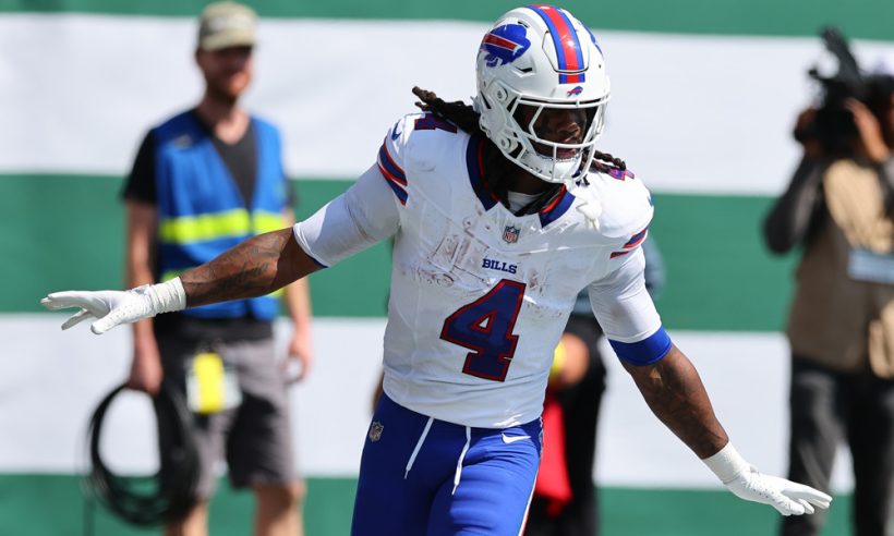 James Cook #4 of the Buffalo Bills celebrates after scoring during the game against the New York Jets on September 14, 2025 at MetLife Stadium in East Rutherford, New Jersey.