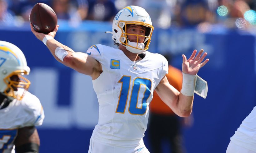 Justin Herbert #10 of the Los Angeles Chargers drops back to pass during the second quarter of the game against the New York Giants on September 28, 2025 at MetLife Stadium in East Rutherford, New Jersey.