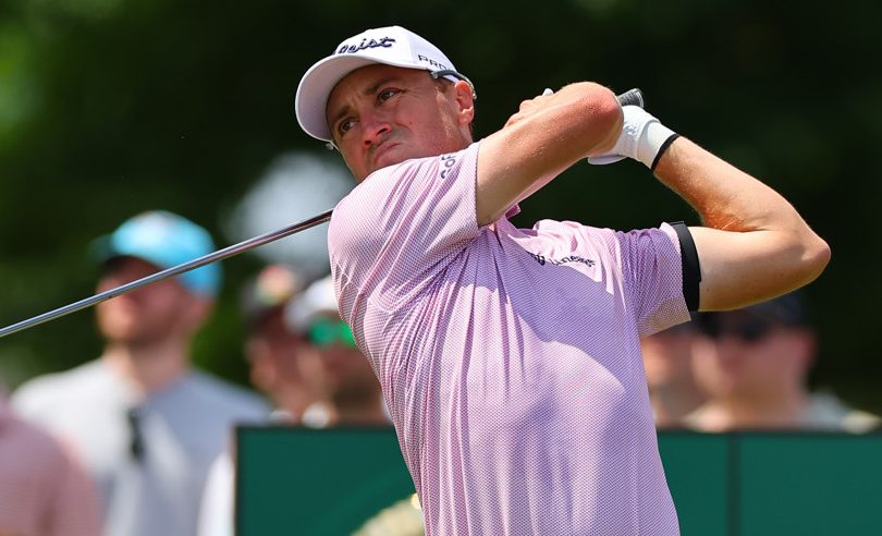 CROMWELL, CT - JUNE 26: Justin Thomas of the United States tees off at the first tee during the second round of the PGA Travelers Championship at TPC River Highlands on June 26, 2026 in Cromwell, Connecticut. (Photo by Rich Graessle/Icon Sportswire)
