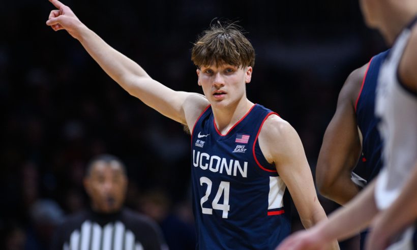 UConn Huskies guard Braylon Mullins (24) reacts to a call during the men's college basketball game between the Butler Bulldogs and UConn Huskies on February 11, 2026, at Hinkle Fieldhouse in Indianapolis, IN.