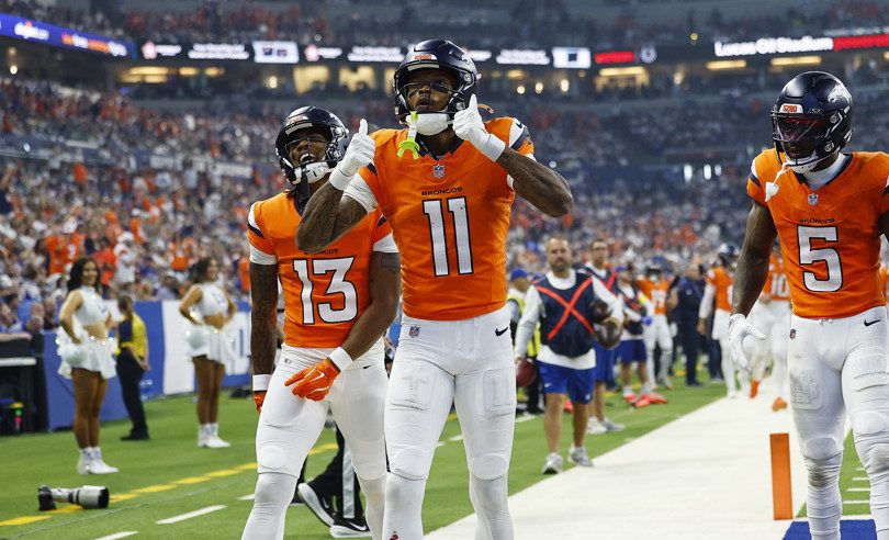 Denver Broncos wide receiver Troy Franklin (11) celebrates his touchdown during an NFL game between the Denver Broncos and the Indianapolis Colts on September 14, 2025 at Lucas Oil Stadium in Indianapolis, IN.