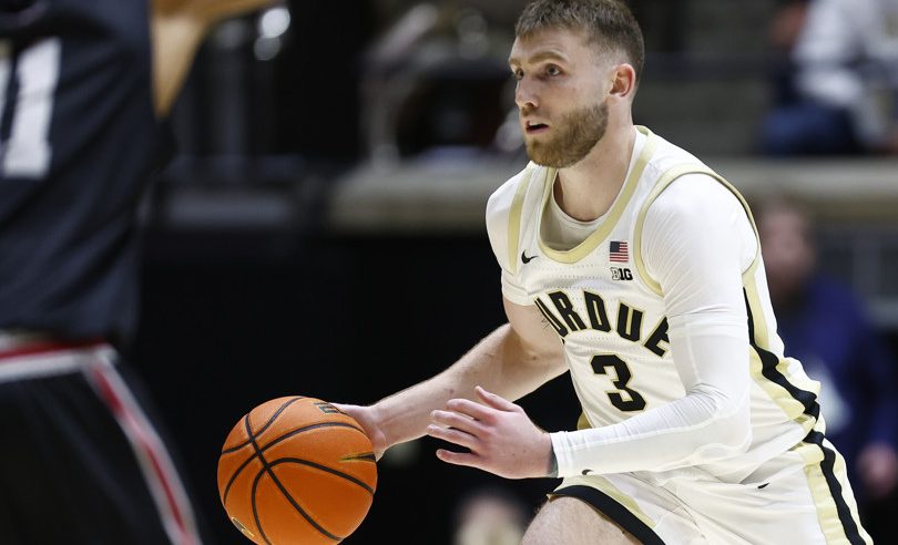 Purdue Boilermakers guard Braden Smith (3) brings the ball up court during a college basketball game between the IU Indy Jaguars and the Purdue Boilermakers on October 29, 2025 at Mackey Arena. In West Lafayette, IN.