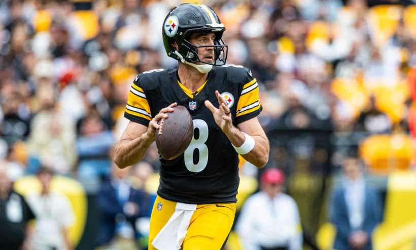 Pittsburgh Steelers quarterback Aaron Rodgers (8) looks to pass during the NFL football game between the Cleveland Browns and Pittsburgh Steelers on October 12, 2025 at Acrisure Stadium in Pittsburgh, PA.