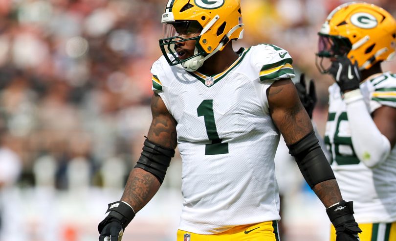 Green Bay Packers defensive end Micah Parsons (1) at the line of scrimmage during the third quarter of the National Football League game between the Green Bay Packers and Cleveland Browns on September 21, 2025, at Huntington Bank Field in Cleveland, OH.