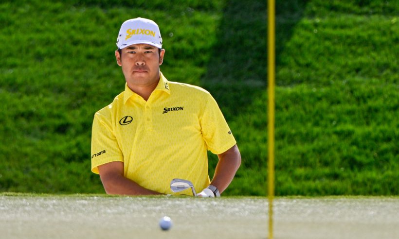 Hideki Matsuyama (JPN) watches his shot from the trap roll up tight on 5 during the final round of the Waste Management Phoenix Open at TPC Scottsdale (Stadium Course) on February 9, 2025, in Scottsdale, Arizona.