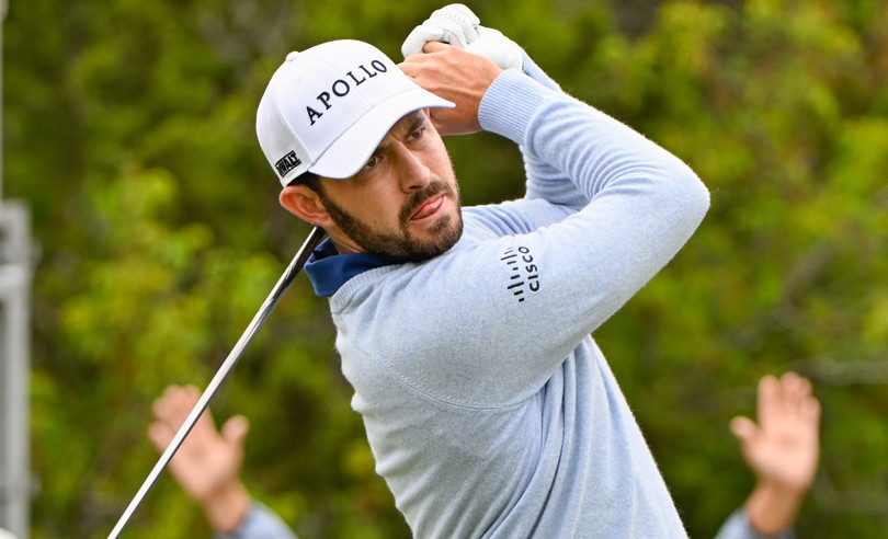 Patrick Cantlay (USA) watches his tee shot on 1 during the third round of the Valero Texas Open at TPC San Antonio AT&T Oaks Course April 5, 2025, in San Antonio, Texas.