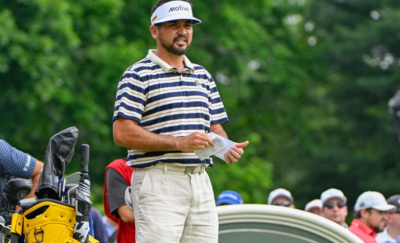 Jason Day (AUS) looks over his tee shot on 1 during the first round of Travelers Championship at TPC River Highlands on June 19, 2025, in Cromwell, Connecticut.