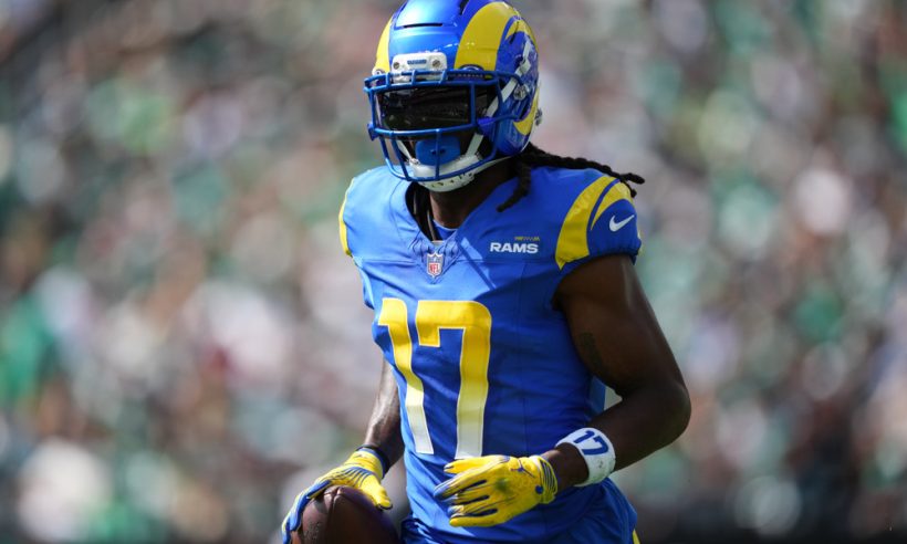 Los Angeles Rams wide receiver Davante Adams (17) returns to the sideline after scoring a touchdown in the first half during the game between the Los Angeles Rams and Philadelphia Eagles on September 21, 2025 at Lincoln Financial Field in Philadelphia, PA.