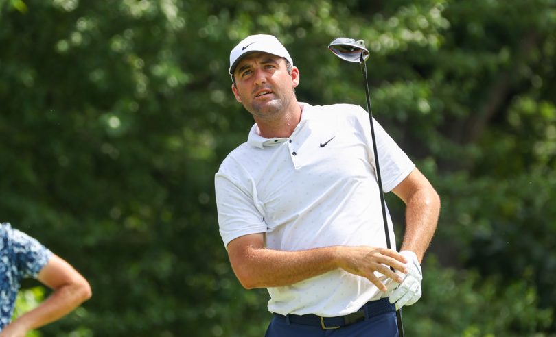 Scottie Scheffler (USA) watches his shot from the 12th tee during the third round of the Charles Schwab Challenge on May 24, 2025 at Colonial Country Club in Fort Worth, TX.