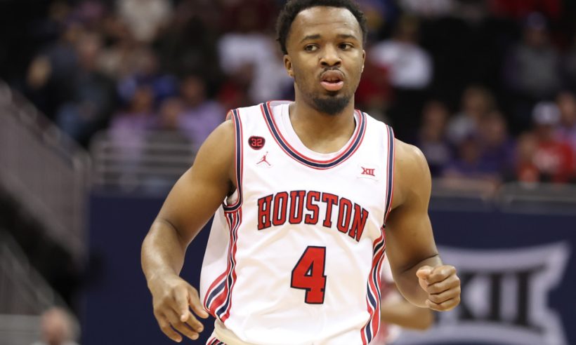Houston Cougars guard L.J. Cryer (4) in the first half of a Big 12 tournament quarterfinal game between the TCU Horned Frogs and Houston Cougars on Mar 14, 2024 at T-Mobile Center in Kansas City, MO.