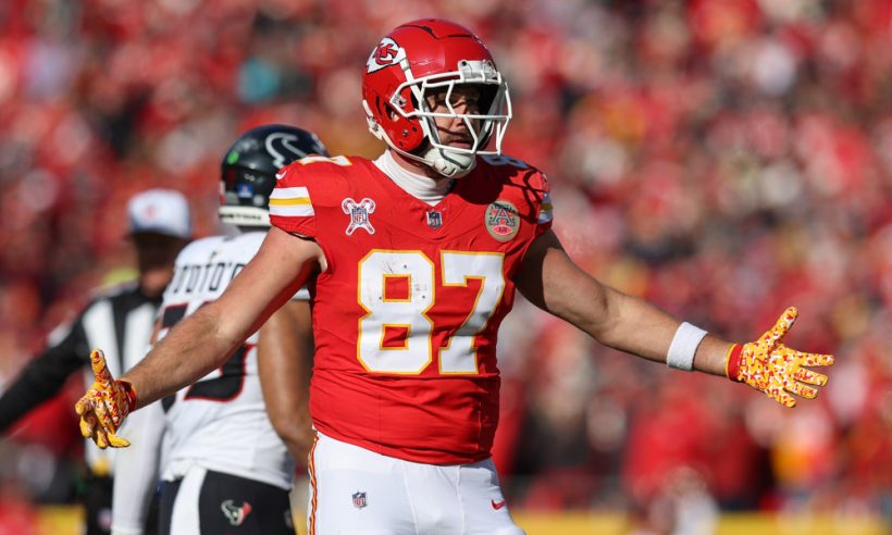 Kansas City Chiefs tight end Travis Kelce (87) after a first down reception in the second quarter of an NFL game between the Houston Texans and Kansas City Chiefs on December 21, 2024 at GEHA Field at Arrowhead Stadium in Kansas City, MO.