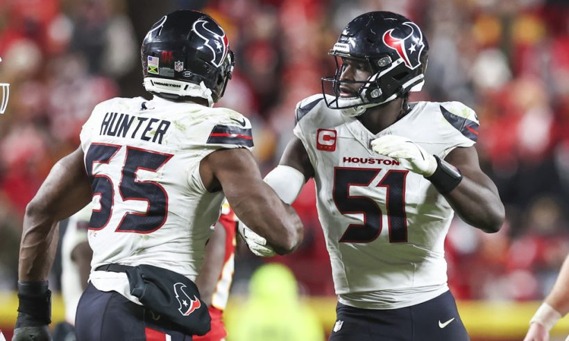 KANSAS CITY, MO - DECEMBER 07: Houston Texans Will Anderson Jr. (51) and Danielle Hunter (55) celebrate a defensive stop late in the fourth quarter of an NFL game between the Houston Texans and Kansas City Chiefs on December 7, 2025 at GEHA Field at Arrowhead Stadium in Kansas City, MO.