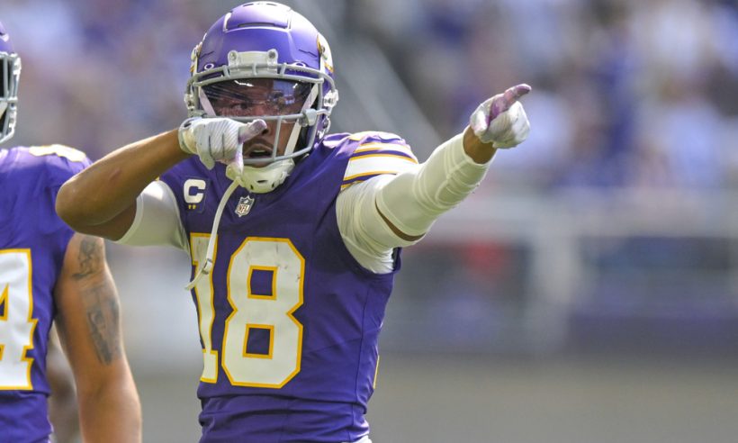 Minnesota Vikings wide receiver Justin Jefferson (18) lets the crowd know that it’s first down during a NFL game between the Minnesota Vikings and Houston Texans on September 22, 2024, at U.S. Bank Stadium in Minneapolis, MN.