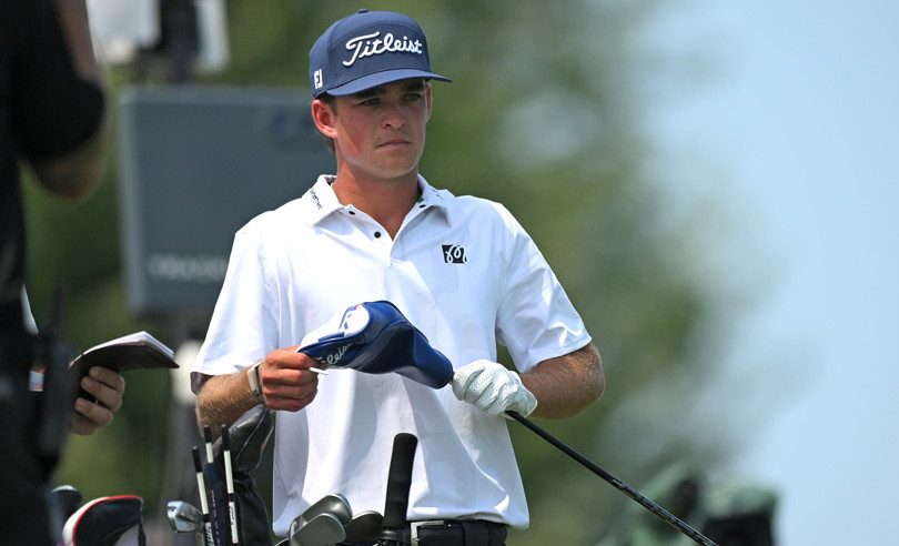 BLAINE, MN - JULY 26: Jackson Koivun pulls the head cover off of his driver on hole 9 during the final round of the 3M Open on July 26, 2026, at TPC Twin Cities in Blaine, MN. (Photo by Nick Wosika/Icon Sportswire)