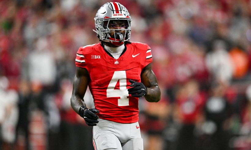 Ohio State Buckeyes WR Jeremiah Smith (4) during the Big Ten Championship football game between the Indiana Hoosiers and the Ohio State Buckeyes on December 6, 2025 at Lucas Oil Stadium in Indianapolis, IN.