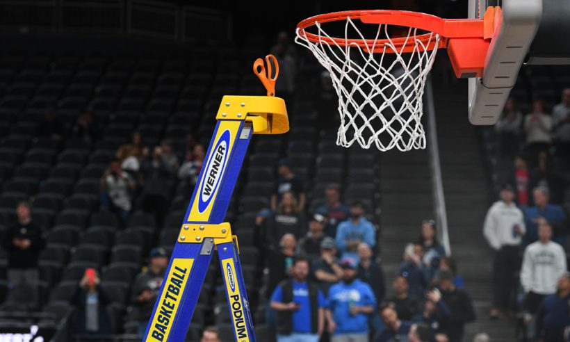The ladder and a pair of scissors to cut down the nets after the NCAA Division I Men's Championship Elite Eight round basketball game between the Gonzaga Bulldogs and the UConn Huskies on March 25, 2023 at T-Mobile Arena in Las Vegas, NV.