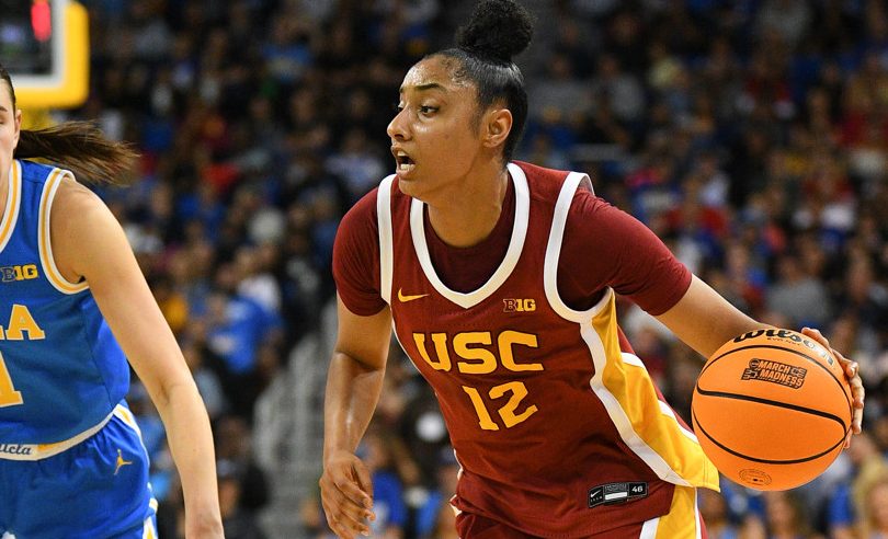 USC Trojans guard JuJu Watkins (12) drives to the basket against UCLA Bruins forward Gabriela Jaquez (11) during a women's college basketball game between the USC Trojans and the UCLA Bruins on March 1, 2025, at Pauley Pavilion in Los Angeles, CA.