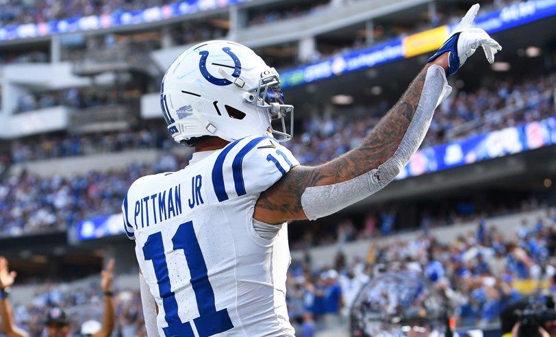 Indianapolis Colts wide receiver Michael Pittman Jr. (11) celebrates after a touchdown during the NFL game between the Indianapolis Colts and the Los Angeles Rams on September 28, 2025, at SoFi Stadium in Inglewood, CA.