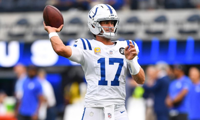 Indianapolis Colts quarterback Daniel Jones (17) throws a pass before the NFL game between the Indianapolis Colts and the Los Angeles Rams on September 28, 2025, at SoFi Stadium in Inglewood, CA.