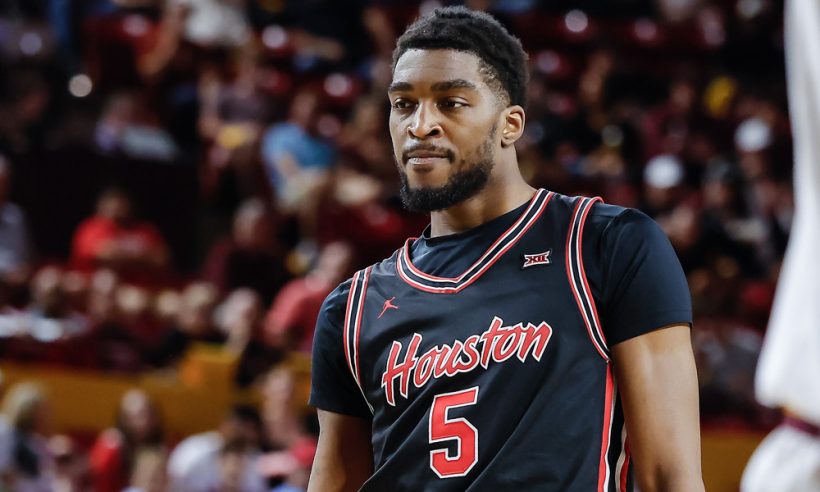 Houston Cougars forward Ja'Vier Francis (5) looks on during the college basketball game between the Houston Cougars and the Arizona State Sun Devils on February 18, 2025 at Desert Financial Arena in Tempe, Arizona.
