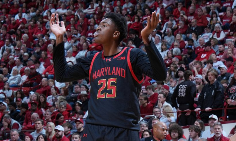 Maryland Terrapins center Derik Queen (25) reacts to a play during a game against the Indiana Hoosiers on January 26, 2025, at Simon Skjodt Assembly Hall in Bloomington, Indiana.