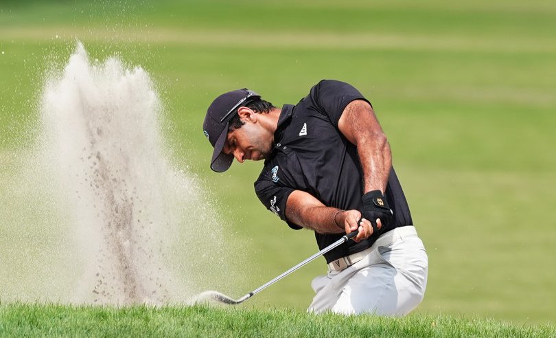 PGA golfer Aaron Rai hits out of a sand trap on the 9th hole during the third round of the Arnold Palmer Invitational presented by Mastercard on March 8, 2025, at the Arnold Palmer's Bay Hill Club & Lodge in Orlando, Florida.