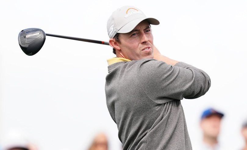 PEBBLE BEACH, CA - FEBRUARY 13: PGA golfer Matt Fitzpatrick plays his tee shot on the 9th hole on February 13, 2026, during the second round of the PGA AT&T Pebble Beach Pro-Am at the Pebble Beach Golf Links at Pebble Beach, California. (Photo by Brian Spurlock/Icon Sportswire)
