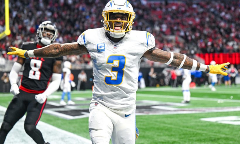 Los Angeles safety Derwin James Jr. (3) reacts after an incomplete pass during the NFL game between the Los Angeles Chargers and the Atlanta Falcons on December 1st, 2024 at Mercedes-Benz Stadium in Atlanta, GA.