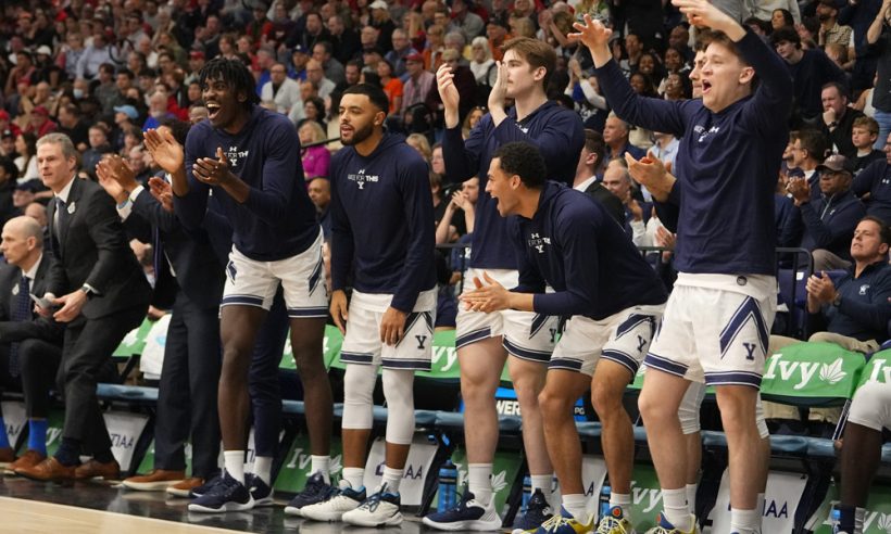 The Yale Bulldog bench reacts to a play on the court during the first half of the Men’s College Basketball Ivy League Championship Semi-Final game between the Cornell Big Red and the Yale Bulldogs on March 16, 2024, at Levien Gymnasium in New York, NY.