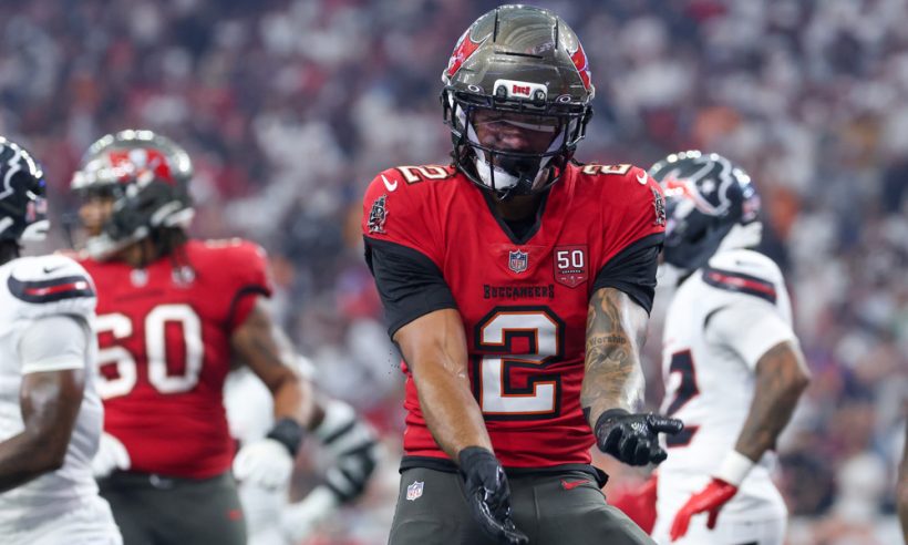 Wide Receiver Emeka Egbuka #2 of the Tampa Bay Buccaneers celebrates his touchdown run during the NFL game between Houston Texans and Tampa Bay Buccaneers on September 15, 2025, at NRG Stadium in Houston, TX.