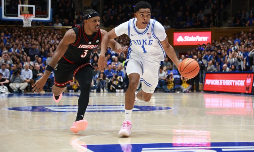 DURHAM, NC - JANUARY 26: Caleb Foster #1 of the Duke Blue Devils drives past Ryan Conwell #3 of the Louisville Cardinals during the college basketball game between the Duke Blue Devils and the Louisville Cardinals on January 26, 2026 at Cameron Indoor Stadium in Durham, N.C. (Photo by Nicholas Faulkner/Icon Sportswire)