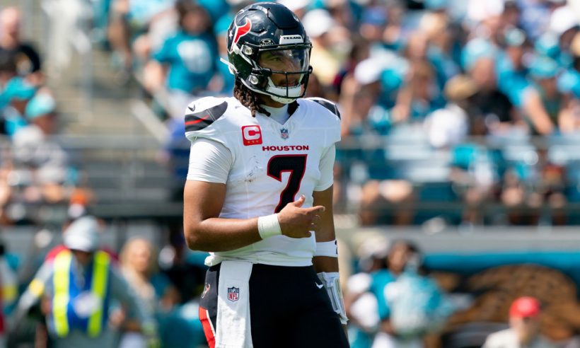 Houston Texans quarterback CJ. Stroud (7) looks to the sideline during an NFL game between the Houston Texans and the Jacksonville Jaguars on September 21st, 2025 at EverBank Stadium in Jacksonville, FL.