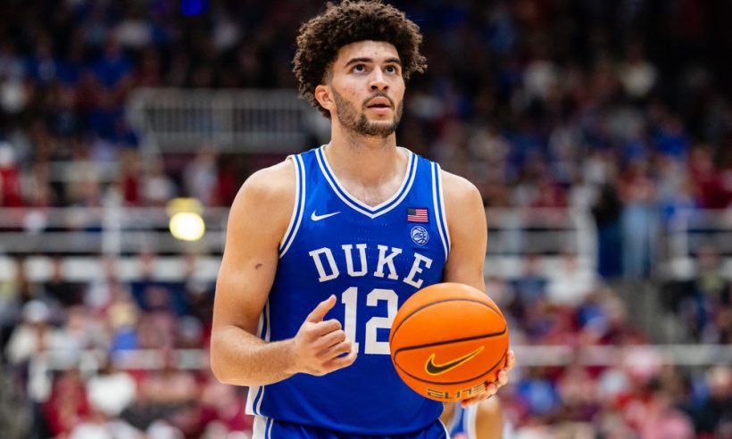 Cameron Boozer #12 of the Duke Blue Devils prepares to shoot a free throw during a game against the Stanford Cardinal on January 17, 2026 at Maples Pavilion in Stanford, CA.