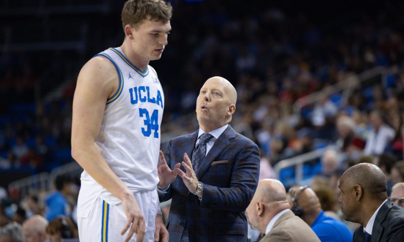 UCLA Bruins head coach Mick Cronin speaks with forward Tyler Bilodeau #34 during a men's college basketball game between the Maryland Terrapins and the UCLA Bruins on January 10, 2026, at Pauley Pavilion in Los Angeles, CA.